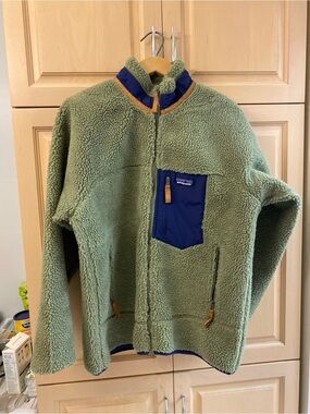 Patagonia Retro X Olive Green Fleece Jacket with Navy Pocket Sweater XL L Mens